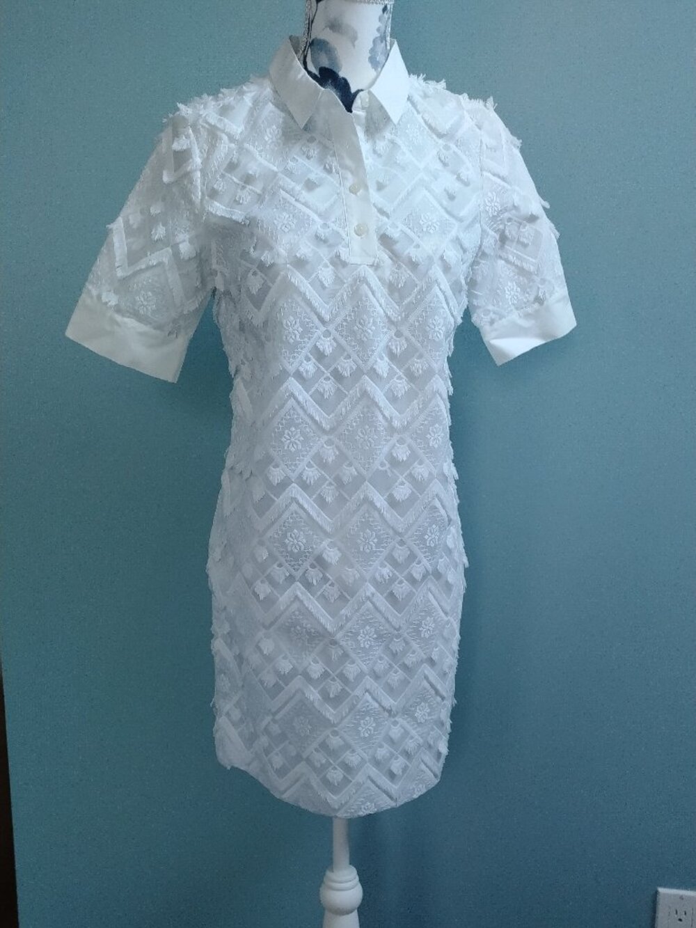Banana Republic Embroidered Fringe Polo Collar Shift Dress White XS P